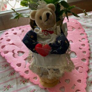 Vintage STANDING Soft TAN Stuffed VALENTINE's BEAR Calico Dress HEART Apron LACE